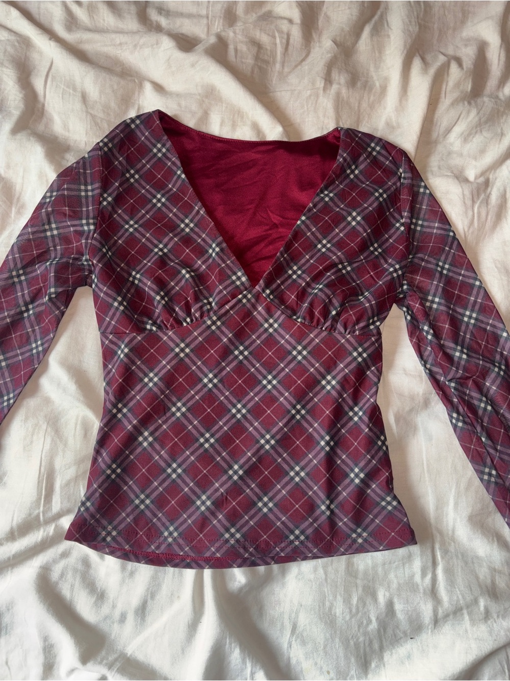 Plaid V-Neck Long Sleeve Top in Burgundy red y2k cute
